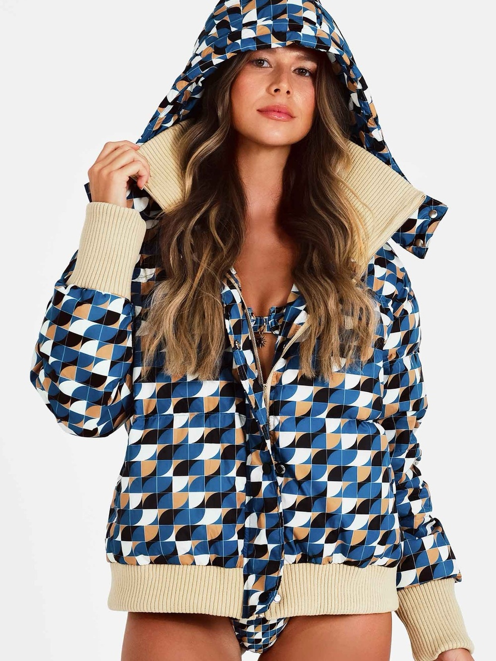Blackbough Blue, Tan and Cream Geometric Puffer Jacket